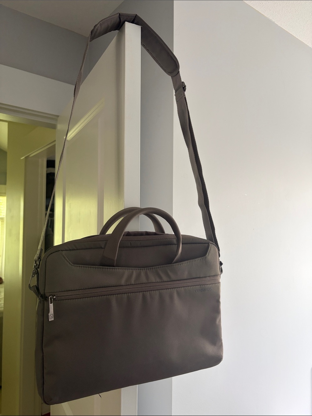 Slim Laptop Briefcase in Taupe with Adjustable Strap